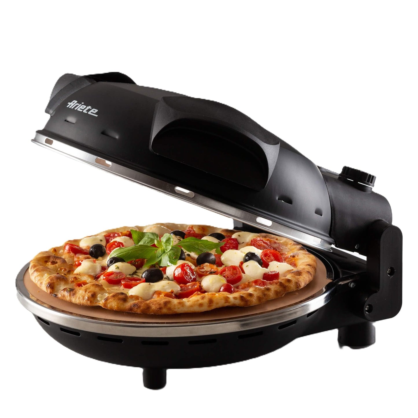 Ariete Pizzaofen 919, 4-Minuten-Pizza, Pizzaofen mit 5 Garstufen, Feuerfeste Platte zum Wiederaufwärmen, Holzbrettchen im Lieferumfang Enthalten, Max. Temperatur 400°C, 1200W, Rot
