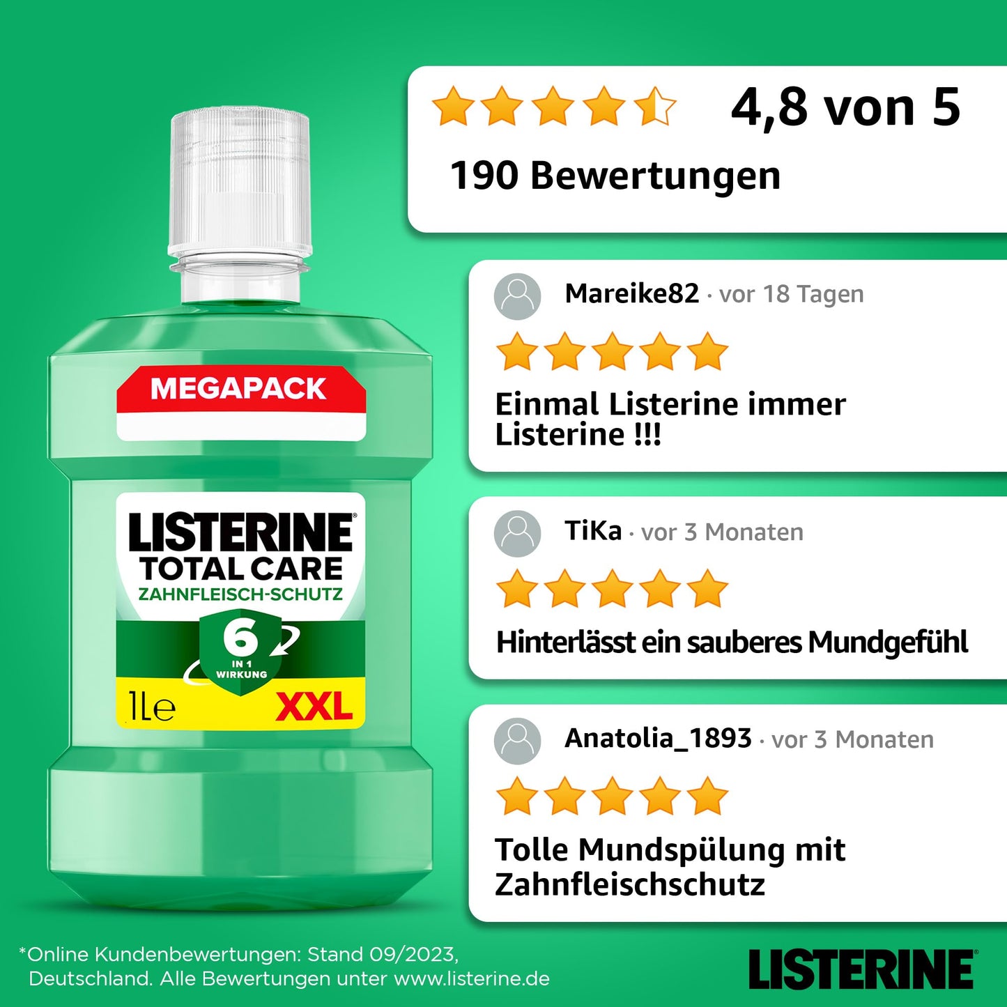LISTERINE Total Care Zahnfleisch-Schutz (6 x 500 ml), antibakterielle Mundspülung mit Fluorid für gesundes Zahnfleisch, Zahnpflege Mundwasser reduziert Zahnbelag mit 6 in 1 Wirkung
