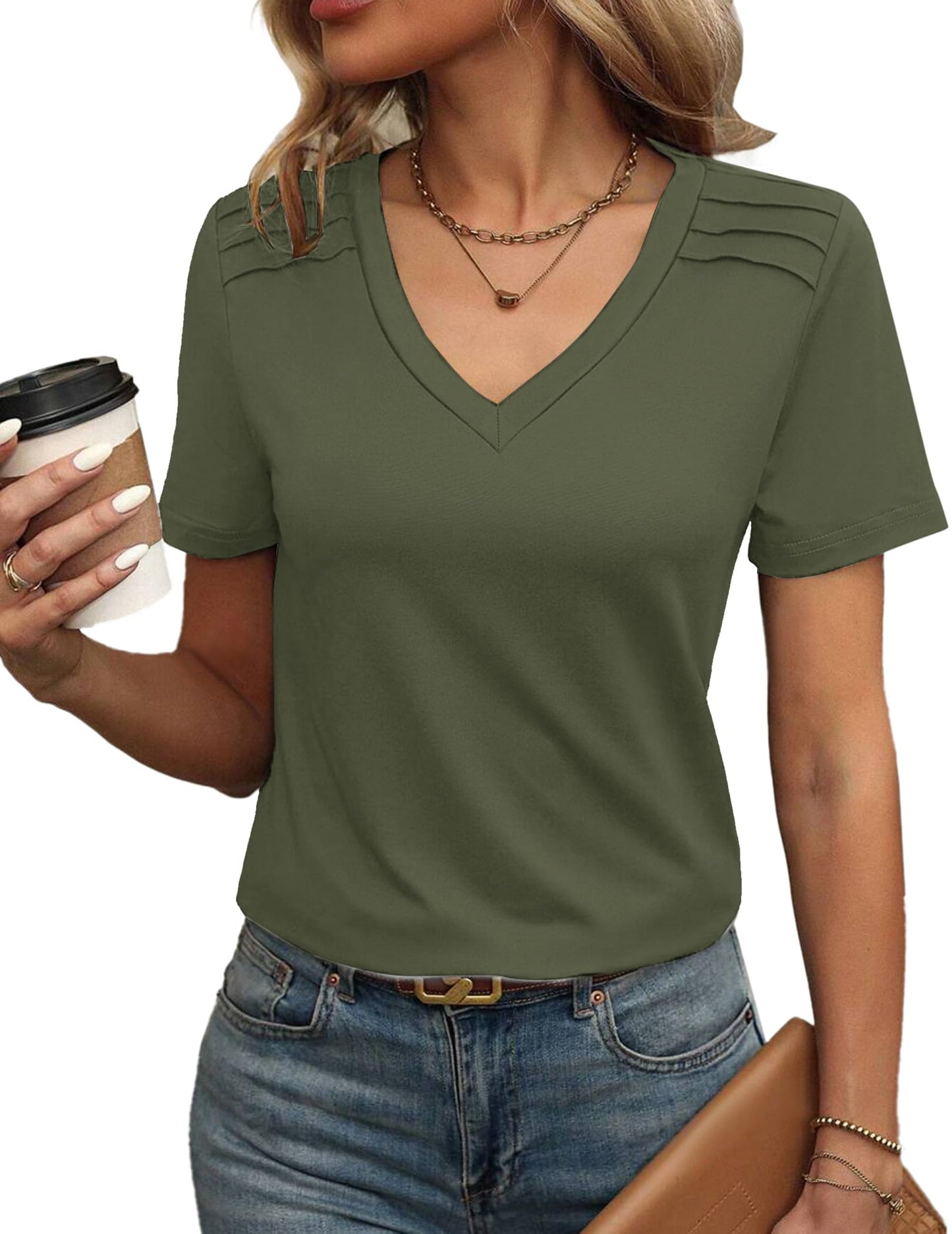 Zeagoo Women’s V-Neck Pleated T-Shirts