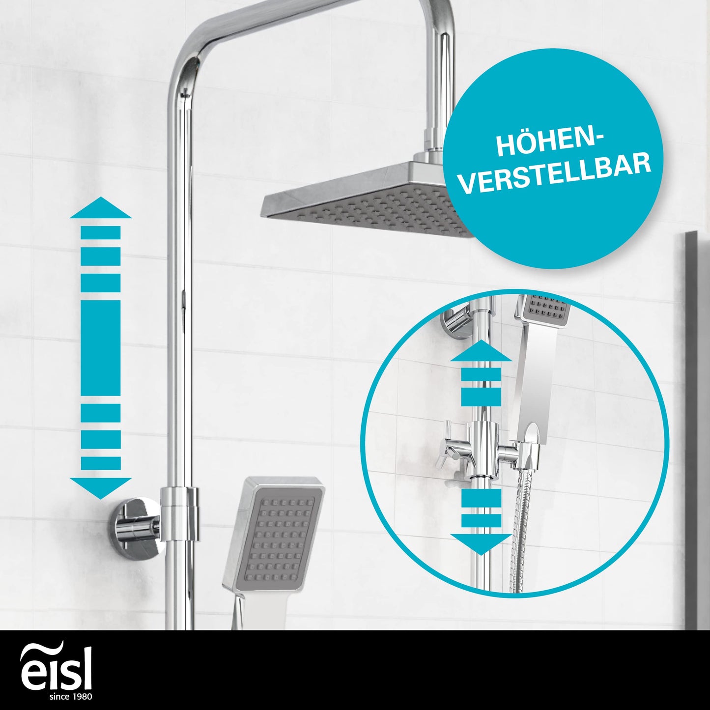 EISL Duschset EASY FRESH, Duschsystem ohne Armatur 2 in 1 mit großer Regendusche (250 x 200 mm) und Handbrause, Regendusche ohne Armatur ideal zum Nachrüsten, komplettes Montageset, Chrom DX12006