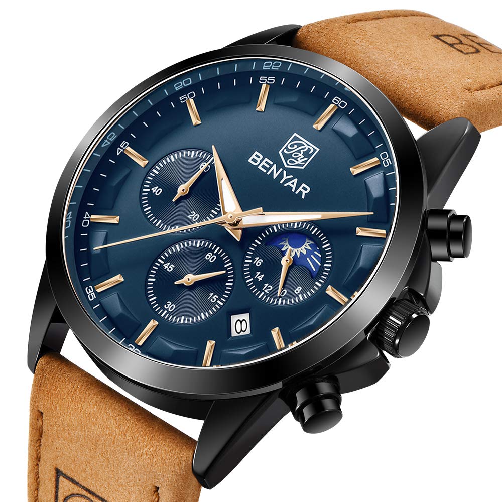 BY BENYAR Uhren Herren Chronograph Analog Quarz Wasserdicht Armbanduhr Herren Mode Lässig Business Herrenuhr mit Kalender Lederarmband/Edelstahlarmband Uhr Geschenk für Männer