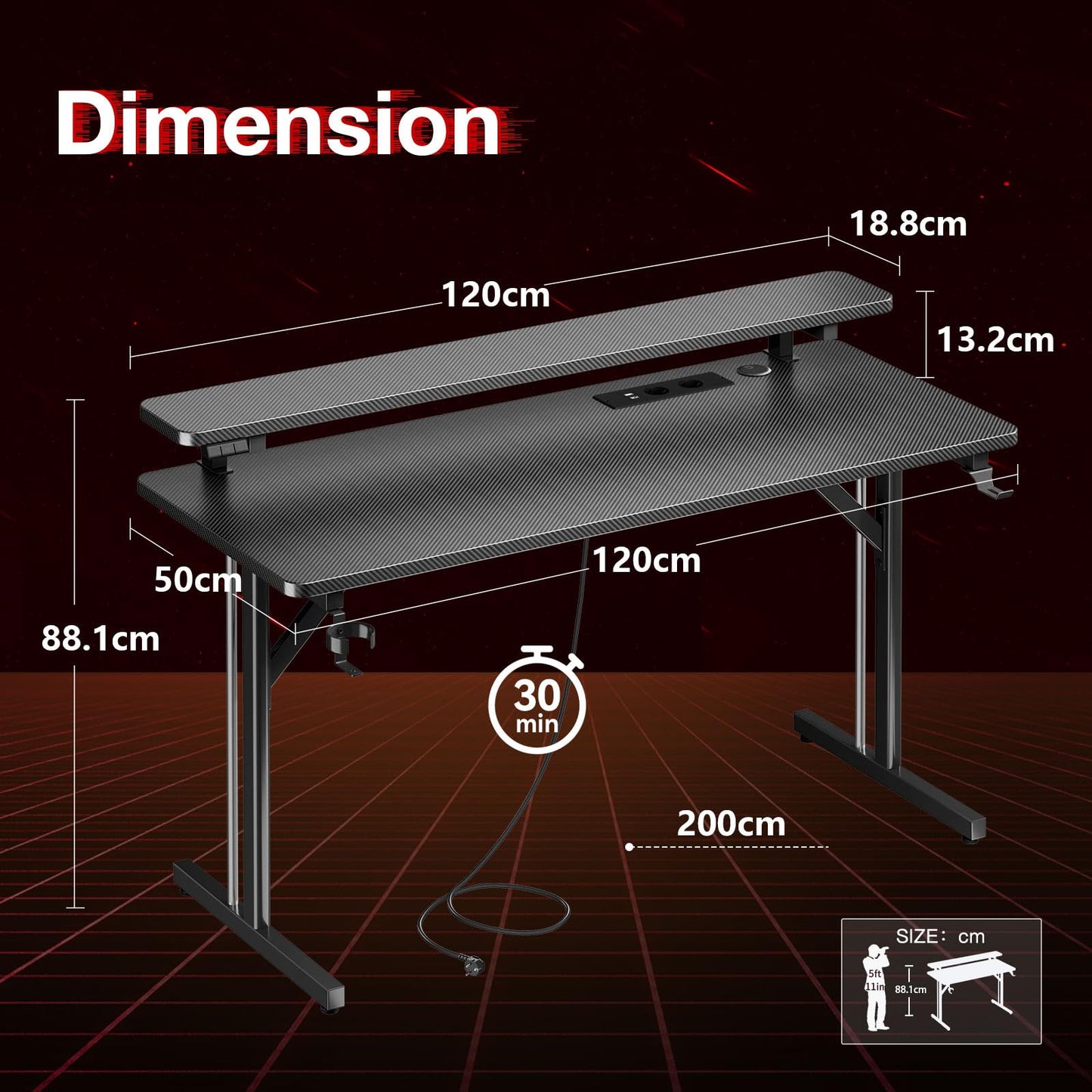 ODK Gaming Tisch, Kleiner Gaming Schreibtisch mit LED Beleuchtung & Steckdosen, Computertisch mit Monitorablage, Carbon Fiber Schwarz PC Gamer Tisch 100cm