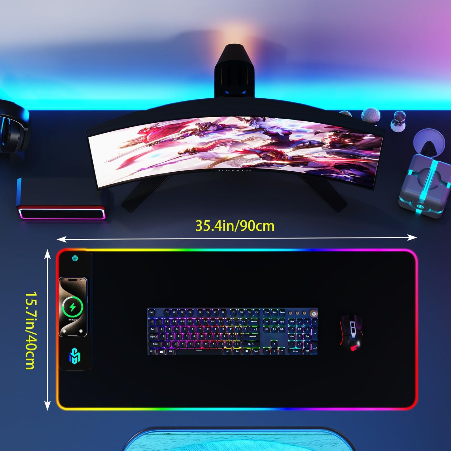 RGB Gaming Mauspad 15W Qi Mousepad LED, 10 Beleuchtungsmodi mit 15W Schnellladung Qi Kabelloses Laden für I-Phone Handy, Kopfhörer, Wasserdicht, rutschfest für Gaming, Schreibtische, PC und Büro