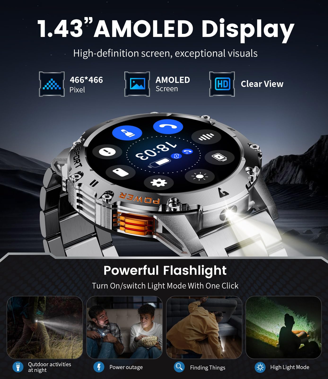 LIGE Smartwatch Herren Militär,Taschenlampe/1.43" AMOLED Sportuhr mit 500 mAh Akku/Telefonfunktion, 110+Sportmodi, IP68 Wasserdicht Smartwatch mit Herzfrequenz/Schlafmonitor für Android iOS,Schwarz