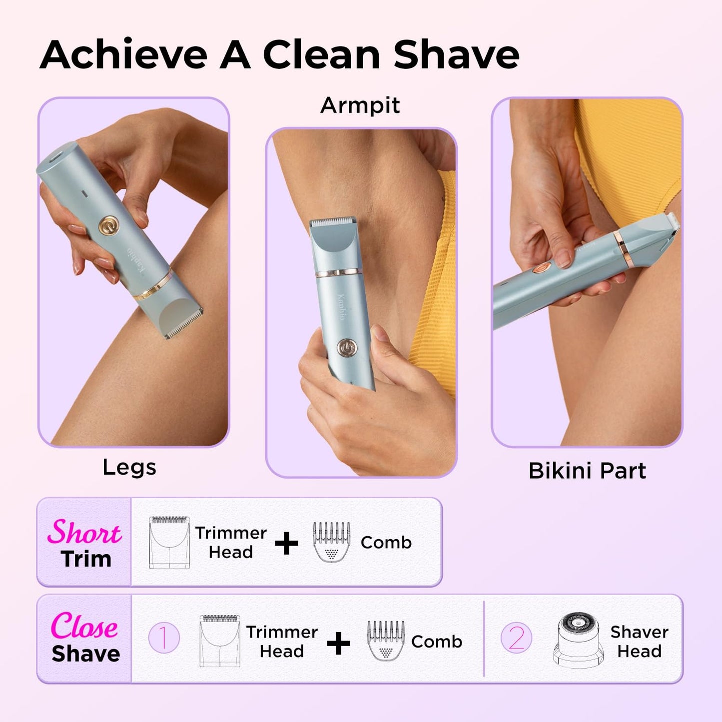 Bikini Trimmer für Frauen Schamhaare 2 in 1 Eletctric Rasierer für Frauen Wiederaufladbarer Eletctric Rasierer für Frauen IPX7 Wasserdicht Bikini Trimmer für Achselbein Arm Körper Gesicht (Roségold)