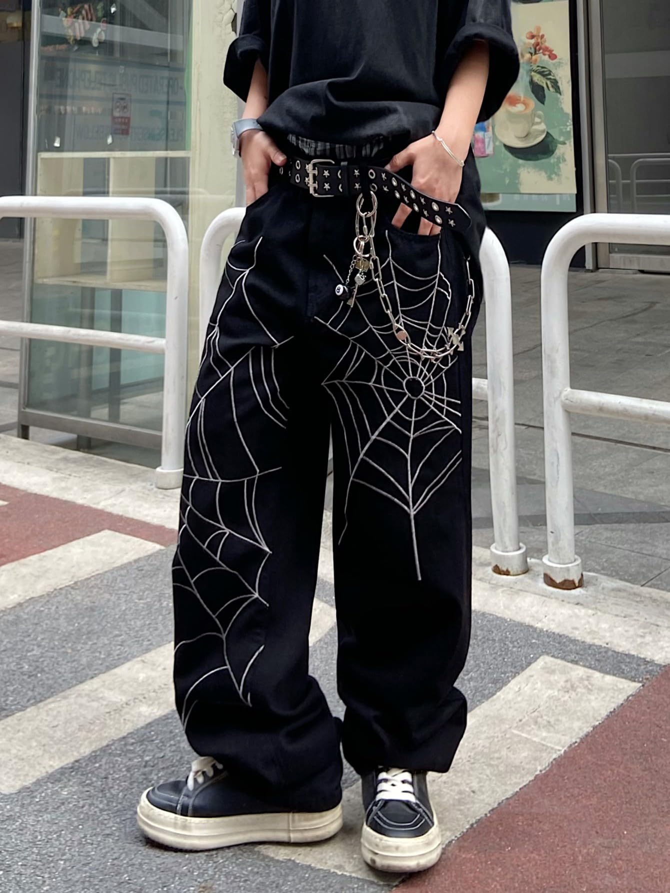 Men’s Baggy Jeans with Spider Web Embroidery