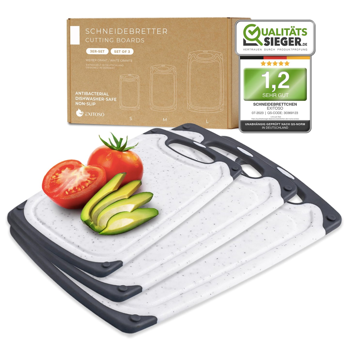 Exitoso 3-Piece Innovative Chopping Board Set | Non-Slip with Juice Groove and Handle | Dishwasher Safe | Antibacterial | Grey/Black Plastic