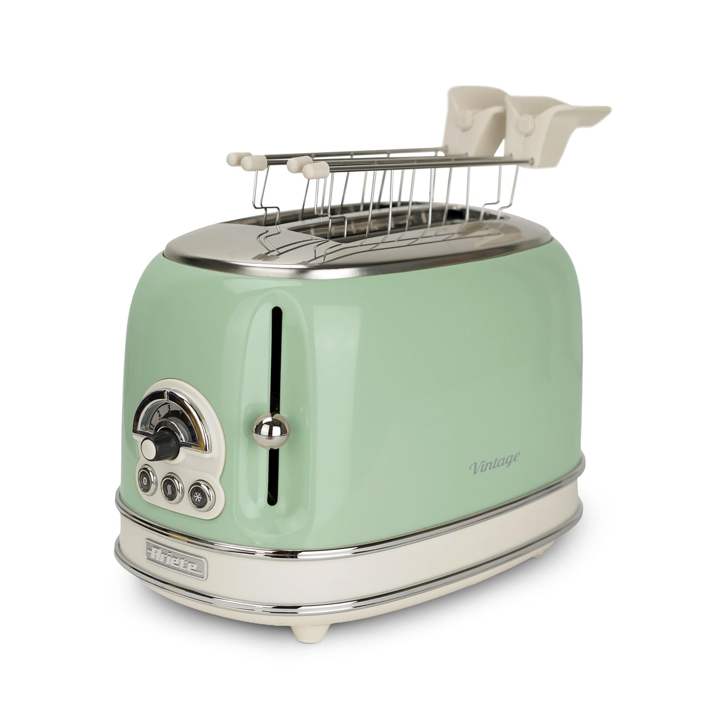 Ariete Vintage 155, 2-Scheiben-Toaster, Retro Toaster mit 6 Toaststufen, Automatischer Auswurf, Auftaufunktion, Herausnehmbares Krümelfach, Gehäuse aus Edelstahl, mit Sandwichzangen, 810W, Vert