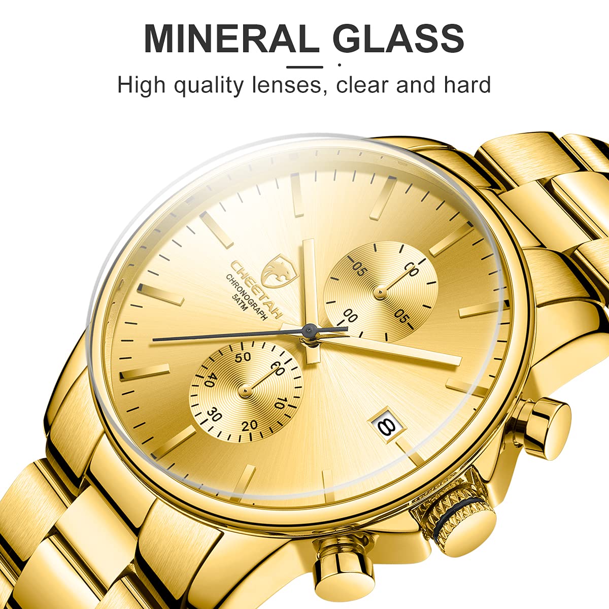 Herrenuhren mit lässiger wasserdichter Chronographen Quarzuhr aus Edelstahl und Metall, Auto Date in farbenfrohen Zeigern
