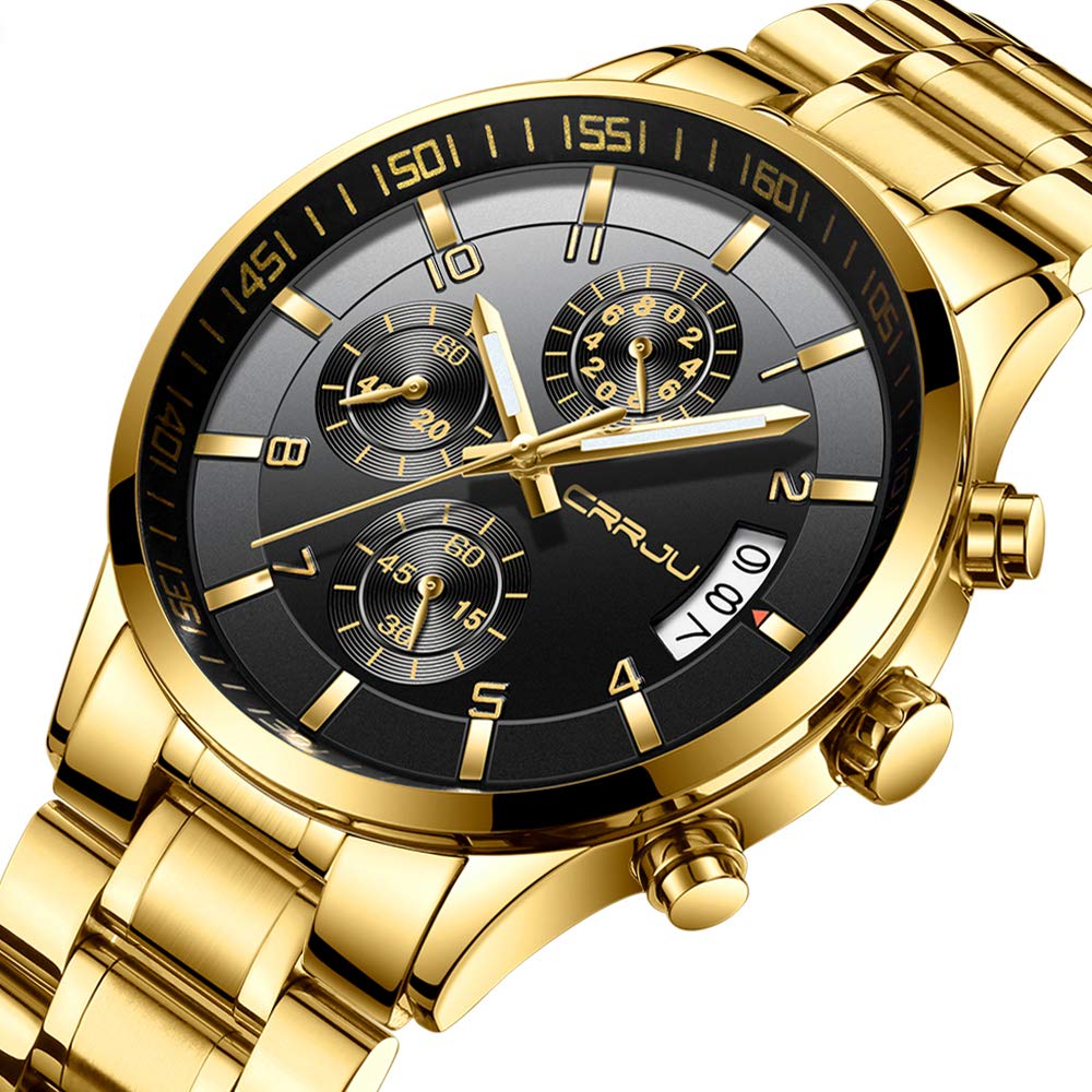 CRRJU Herren Uhr Business Edelstahl wasserdichte Chronographen mit Kalender Armbanduhr Edelstahlband Stoppuhr Analog Quarzuhr