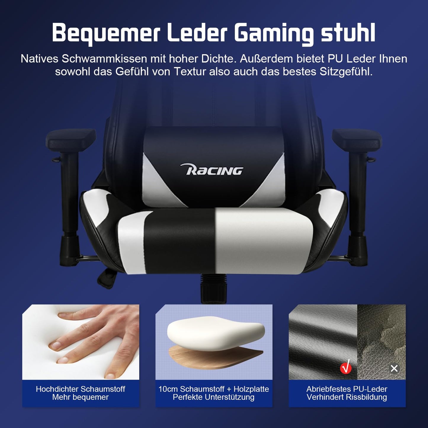 Homimaster Gaming Chair, Ergonomic Office Chair with Adjustable Lumbar Cushion, Head Cushion and Armrests, Padded Gaming Chair, Gamer Chair with Rocking Function, Gaming Chair 150 kg Load Capacity
