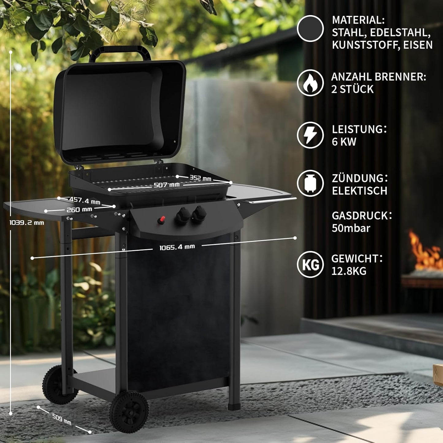 Topwish gas grill 2 burners, gas grill, small gas grill, gas grill balcony, outdoor grill, grill cart with pressure reducer and gas hose, 106.44*55.6*103.85 cm, suitable for DE, AT, SK, CH, LU, for 50 mbar, 6.0 kW