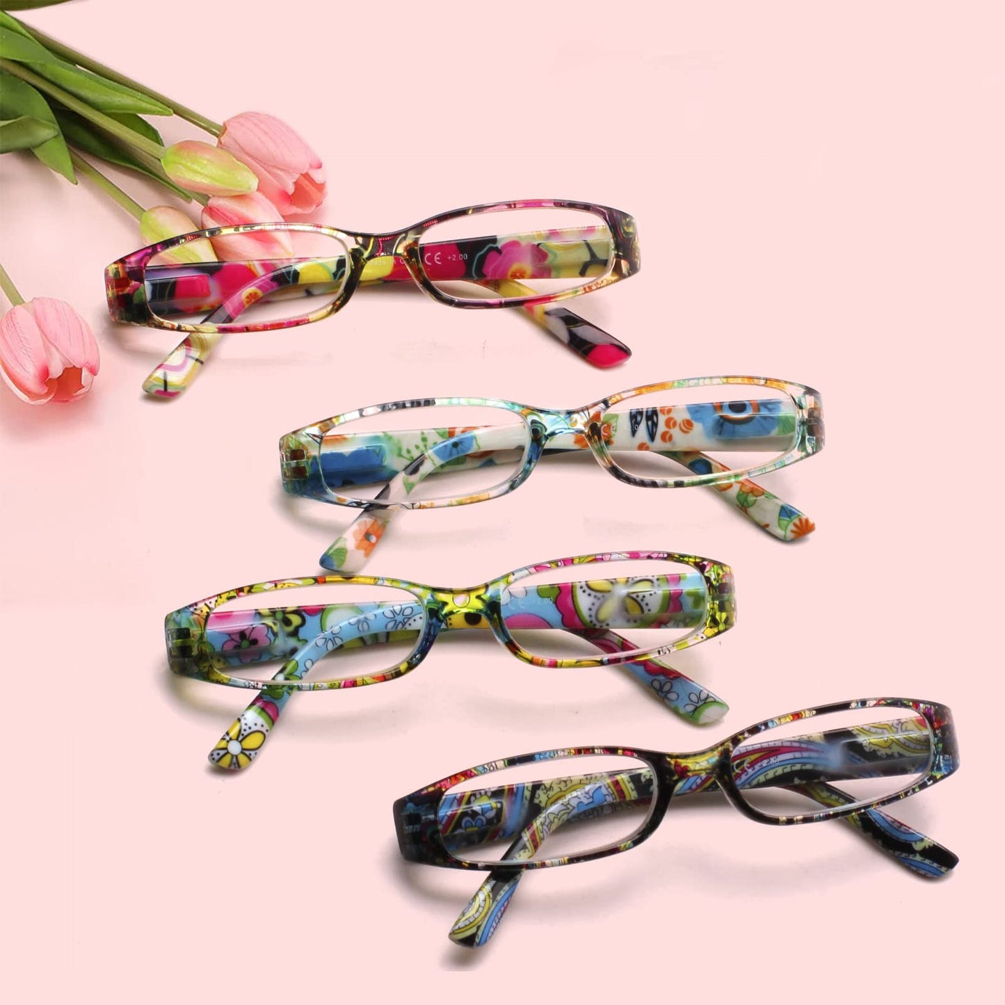 COJWIS 4 Pack Damen Lesebrille Mit Schönes Muster Brille Federscharnierleser für Frauen Reader (4 Farbe Mischen-2, 2.00, multiplier_x)