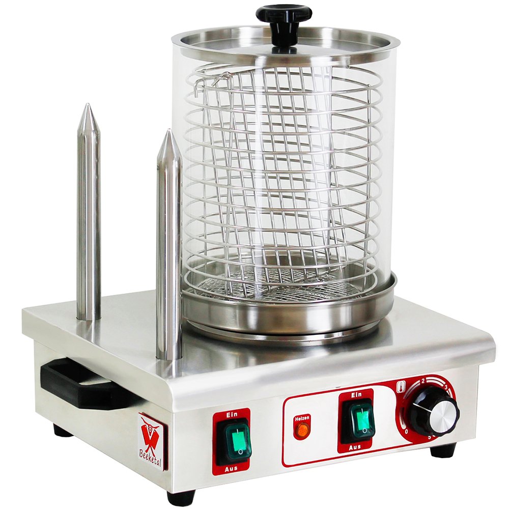 Beeketal 'BHG06b' professional gastro hot dog maker with 2 heating skewers and 140 mm basket diameter, stainless steel hot dog machine for heating sausages and warming up hot dog buns, stainless steel version