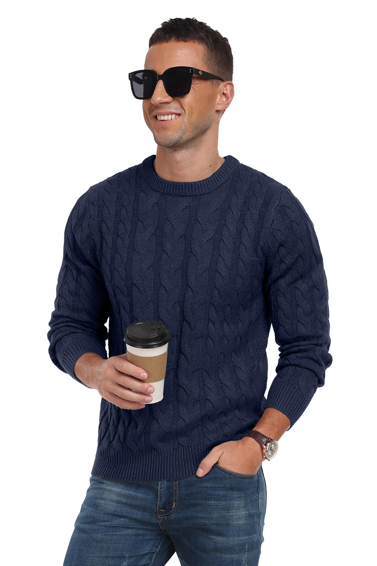 QIXING Men’s Cable Knit Sweater – Chunky Crewneck Pullover