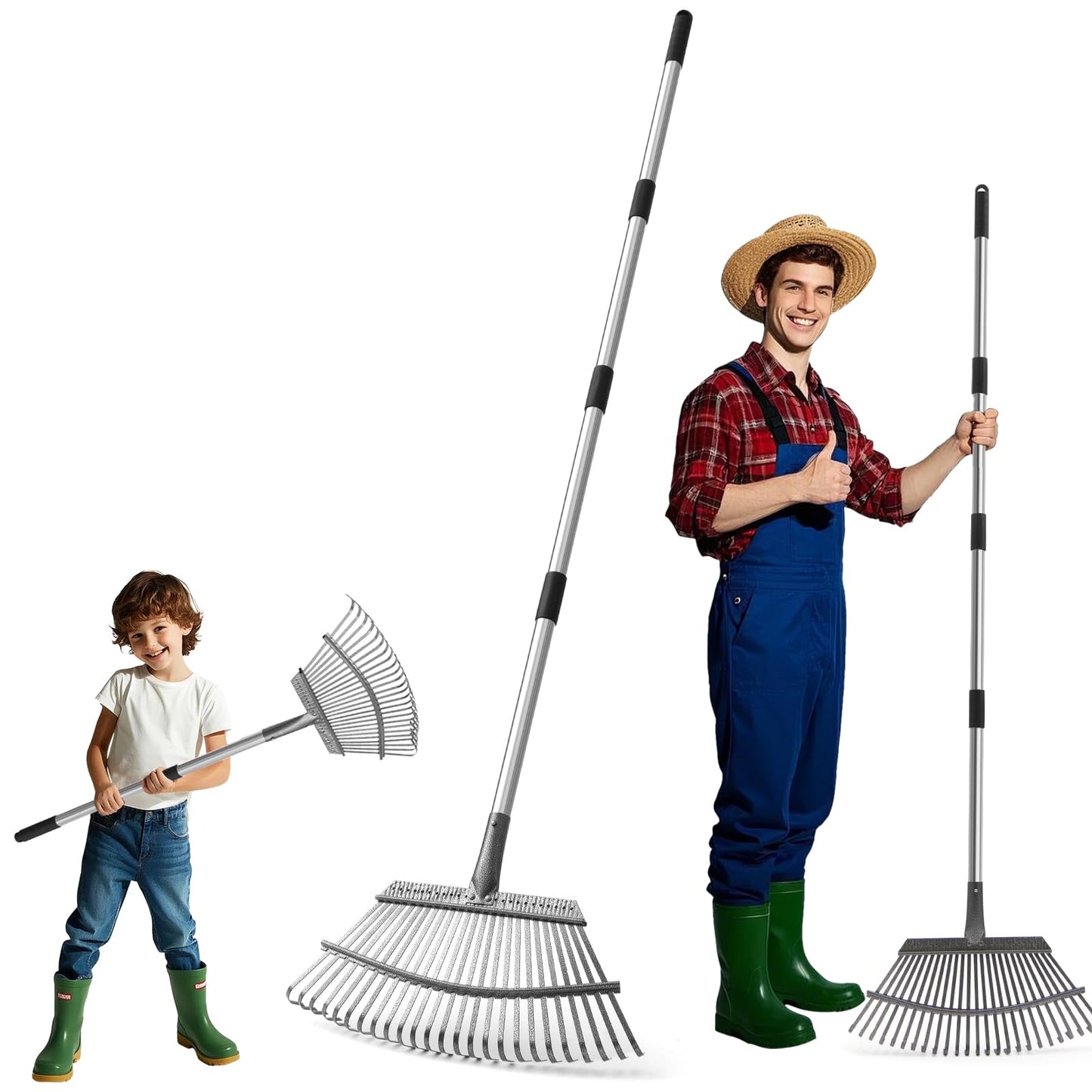 25-Zinken Garten Rechen für Laub, Rasen & Gras, Verstellbarer Langer Stiel Laubrechen, Breiter Metall-Rechenkopf, Ergonomisches Design, Effiziente Reinigung Laubsammler für Garten, Rasen, Moos
