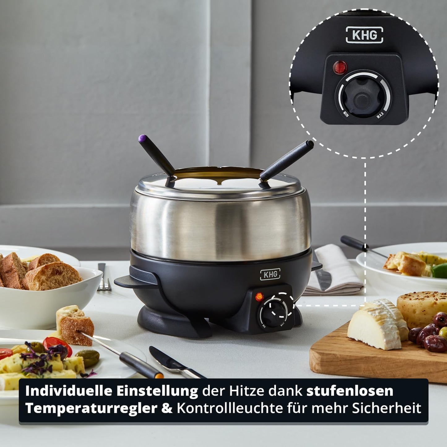 KHG Elektro-Fondue FO-800SE mit Edelstahl-Topf 1,8 L Silber für bis zu 8 Personen, variable Temperatureinstellung, 25x16cm Ideal für Fleisch, Käse oder Schokolade mit 8 Gabeln Spritzschutz 800 W