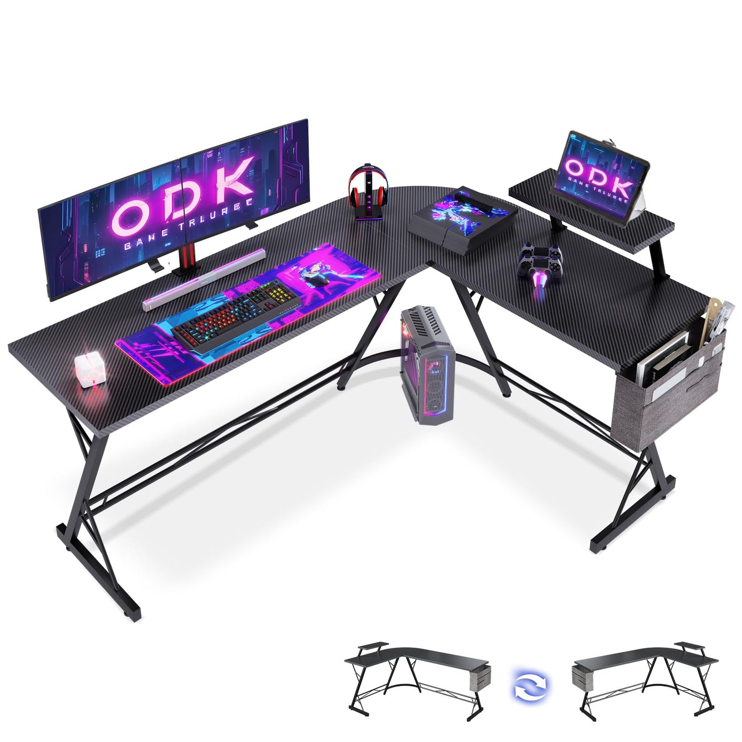 ODK Gaming Tisch, Gaming Schreibtisch Eckschreibtisch für Gamer, Schreibtisch L Form mit Monitorständer für Büro (Schwarz, 127 x 127 cm)