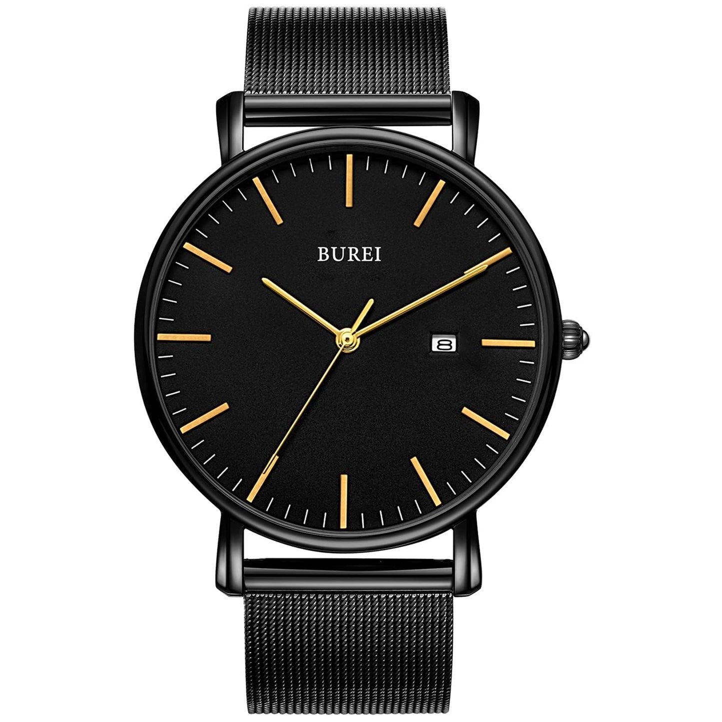 BUREI Ultra Dünne Uhren Herren Schwarze Analoges Datum Armbanduhr Herren mit Japanisches Quarzwerk, Geschenke für Männer