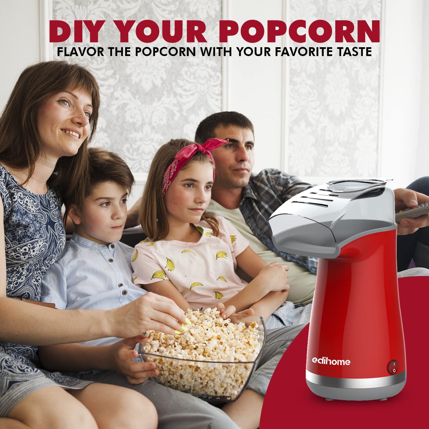 Edihome, Popcornmaschine, Popkornmaschinene, Elektrischer Popcorn Maker, 1200 W, Inklusive Dosierlöffel, Popkorn fertig in 2 Minuten, Heimkino, Series (Rot)