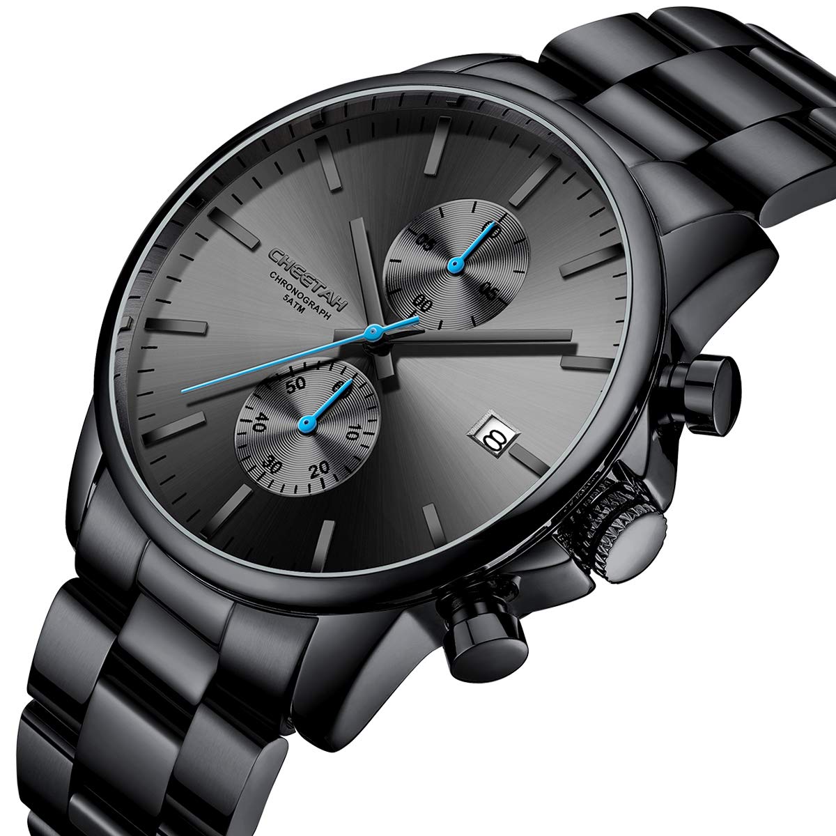 Herrenuhren mit lässiger wasserdichter Chronographen Quarzuhr aus Edelstahl und Metall, Auto Date in farbenfrohen Zeigern