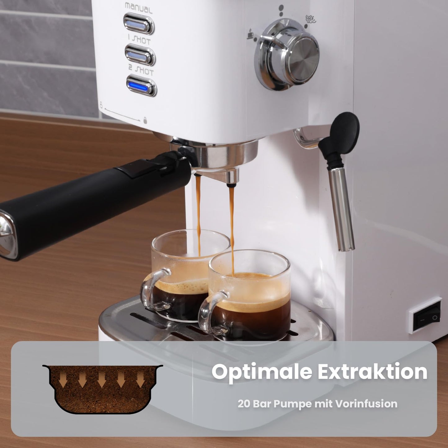 Gevi 20 Bar Espresso Kaffeemaschine Espressomaschine mit professionellem Milchaufschaumdüse, nur 15 cm breit,1350W schnelle Hitze für Cappuccino, Latte & Macchiato, 1,2L Wassertank, Weiß