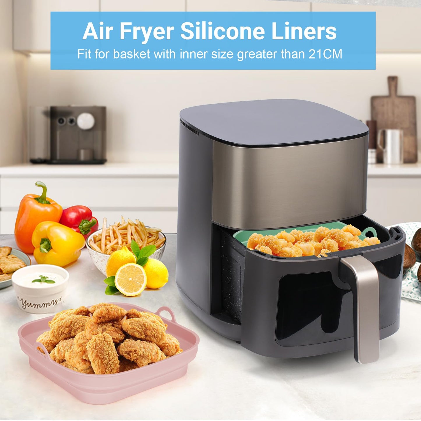 Alyvisun Silikonform für Heißluftfritteuse 2 Stück Airfryer Silikon Backform Wiederverwendbar Silikoneinsatz Zubehör Quadratisch Silikonmatte Pot Liner für Air Fryer, Mikrowelle, Ofen, Blau+Grau