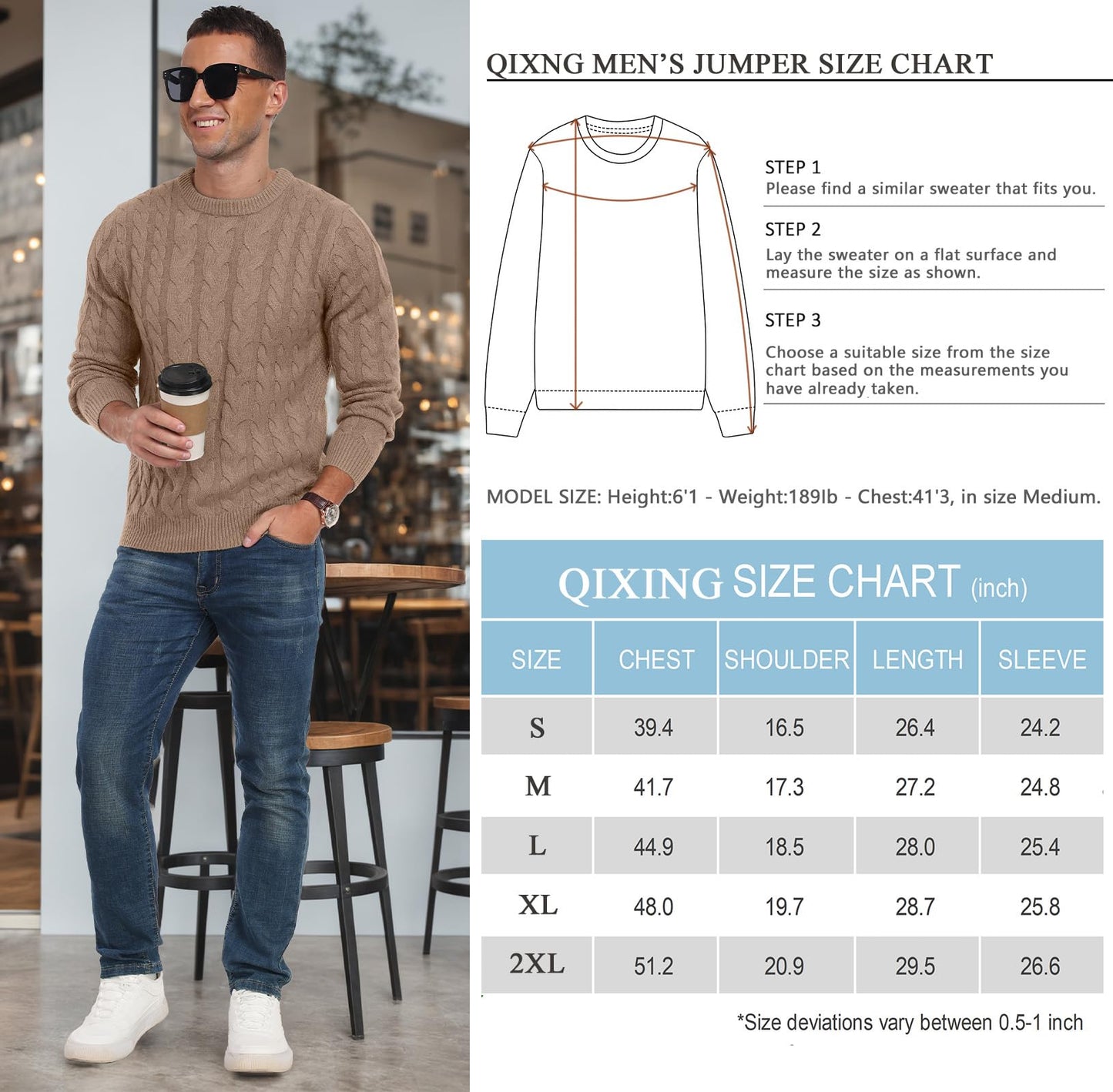 QIXING Men’s Cable Knit Sweater – Chunky Crewneck Pullover