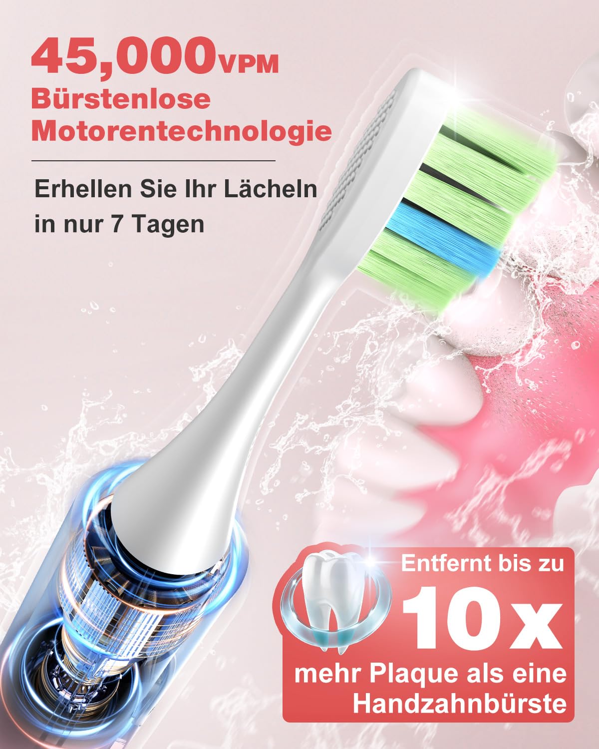 Elektrische Zahnbürste, Schallzahnbürste, Zahnbürste Elektrisch 45000VPM, Aufhellung Der Zähne In 1 Woche, 120 Tage Akkulaufzeit, Batteriestandsanzeige, 6 DuPont-Bürstenköpfe, 5 Modi, Timer, Schwarz
