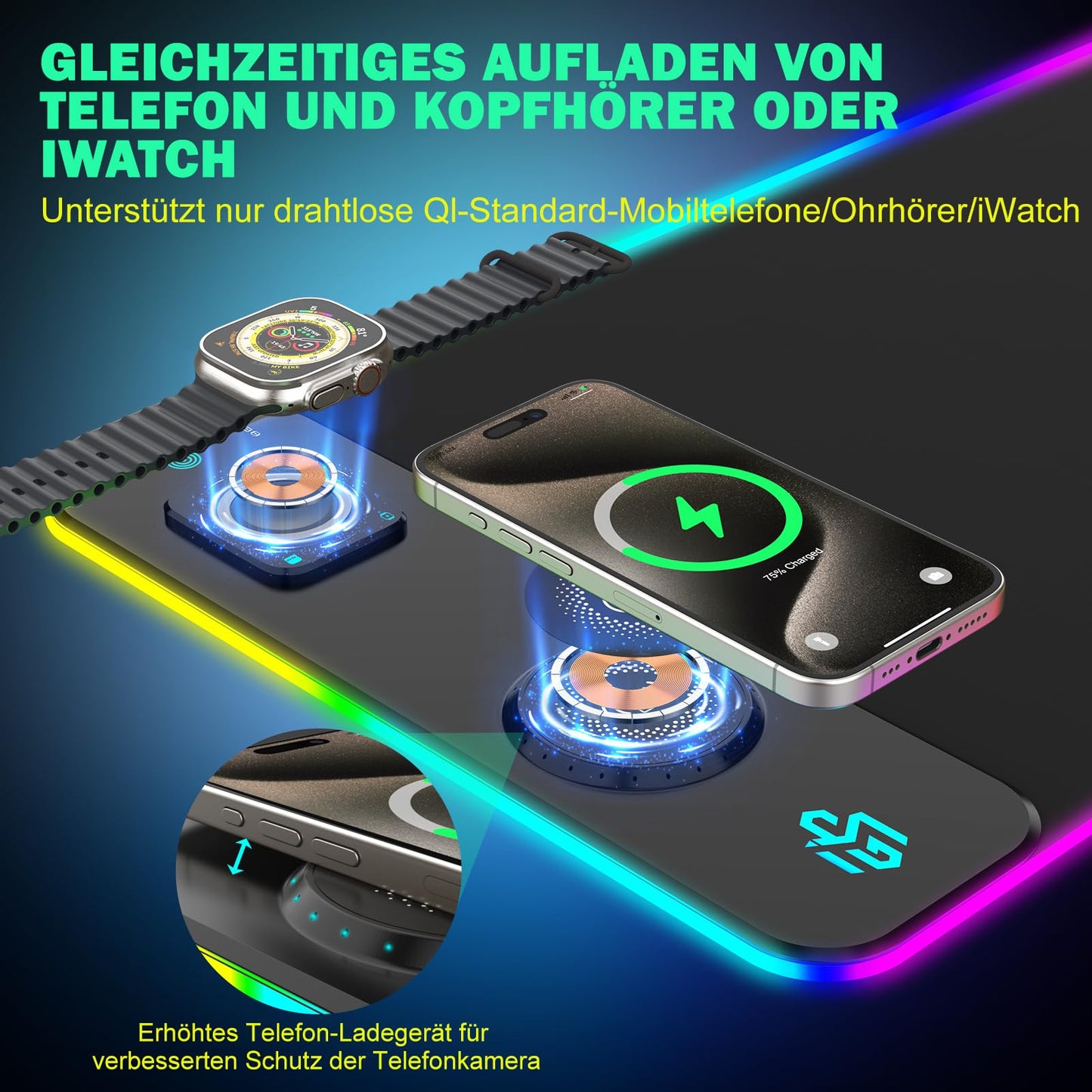 RGB Gaming Mauspad 15W Qi Mousepad LED, 10 Beleuchtungsmodi mit 15W Schnellladung Qi Kabelloses Laden für I-Phone Handy, Kopfhörer, Wasserdicht, rutschfest für Gaming, Schreibtische, PC und Büro