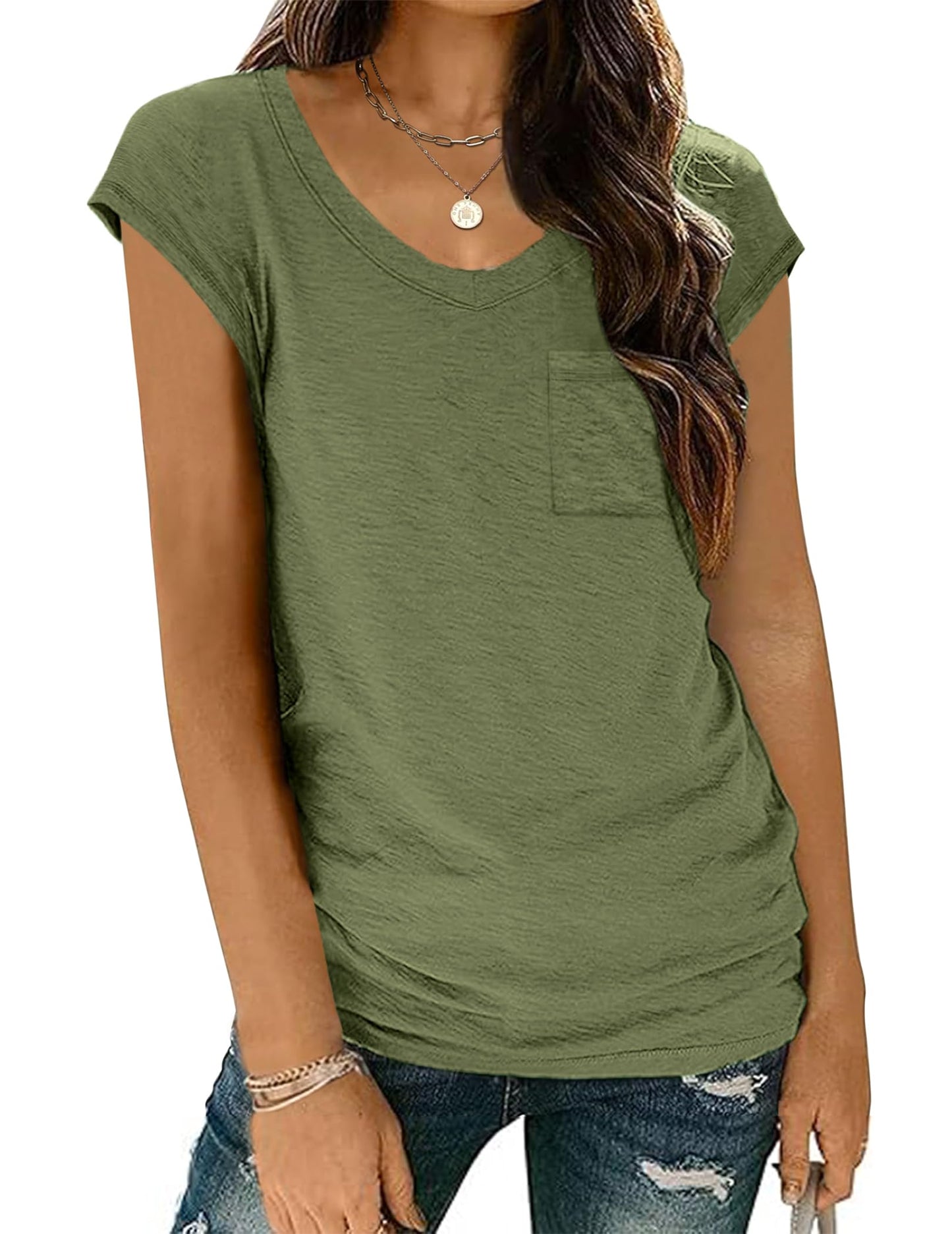 Zeagoo Women's Basic V-Neck T-Shirt with Wing Sleeves