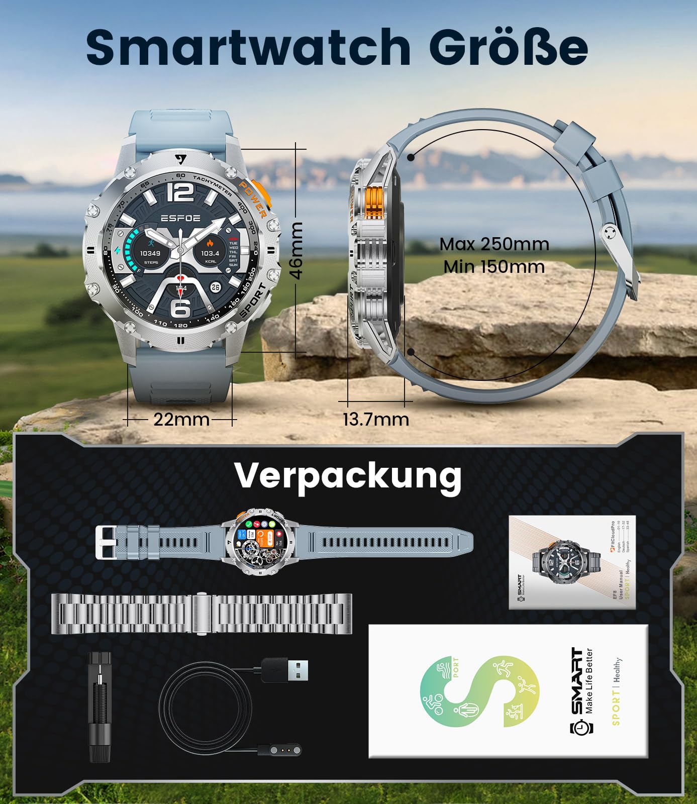 LIGE Smartwatch Herren Militär,Taschenlampe/1.43" AMOLED Sportuhr mit 500 mAh Akku/Telefonfunktion, 110+Sportmodi, IP68 Wasserdicht Smartwatch mit Herzfrequenz/Schlafmonitor für Android iOS,Schwarz