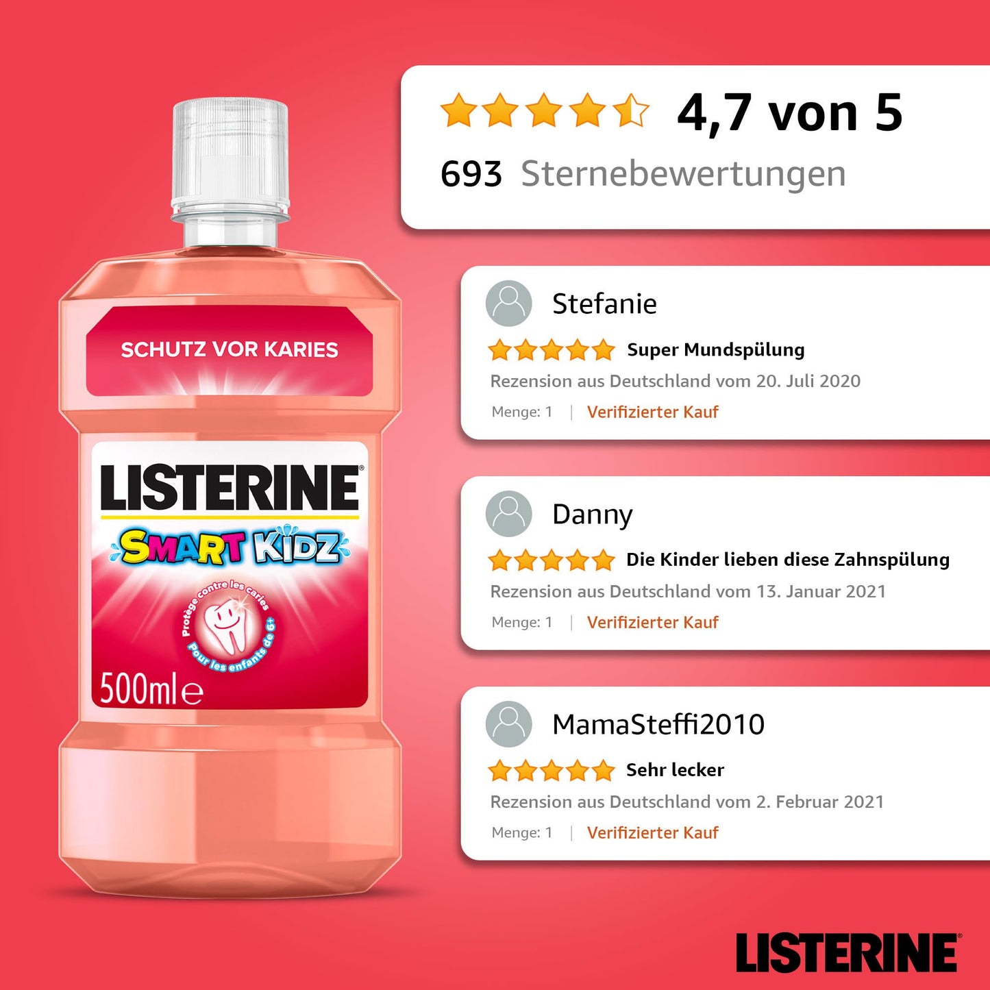 LISTERINE Smart Kidz Mild Berry (500 ml), antibakterielle Kinder Mundspülung ohne Alkohol & ohne Zucker, Mundwasser schützt vor Karies, geeignet für Kinder ab 6 Jahren