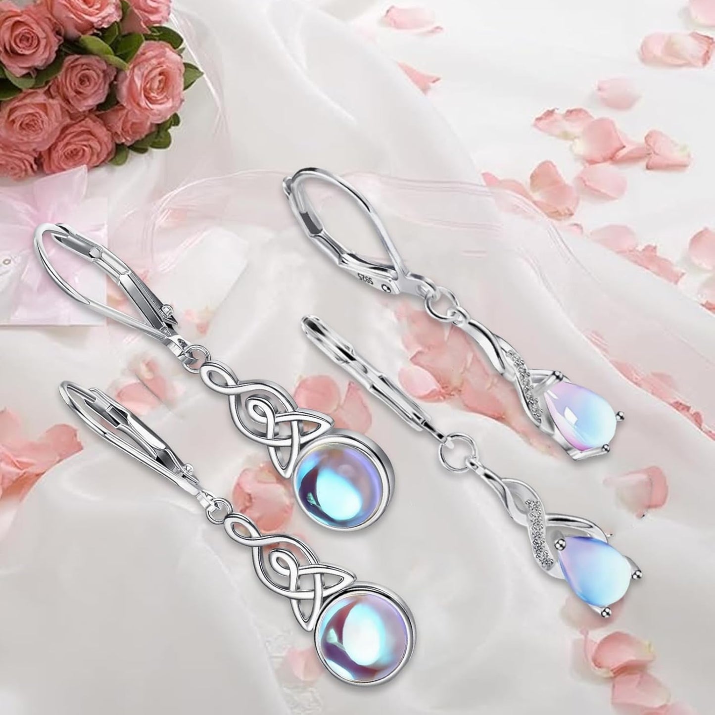 2 Pair 925 Sterling Silver Moonstone Dangle Earrings for Women