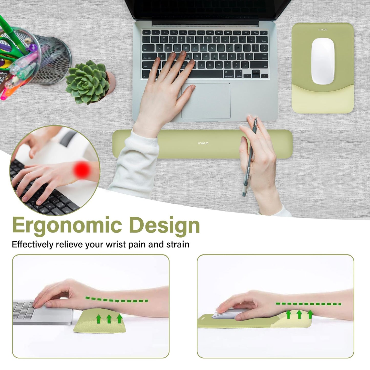 MOSISO Handgelenkstütze für Mauspad&Tastatur Set, Rechteckig Ergonomisch Mauspad Rutschfest Basis Home/Büro Schmerzlinderung&Typing Kissen mit Neopren Cloth&Erhöht Gebogen Memory Schaum,Grün
