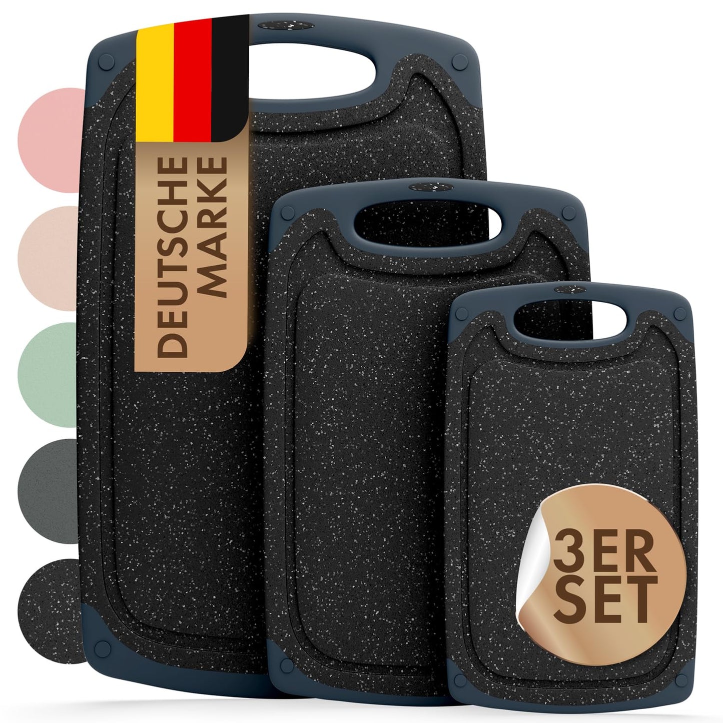 Blumtal Schneidebrett Set mit 3 Größen (S/M/L) - Schneidebrett Kunststoff groß + Saftrillen & Griff - Cutting Board - Küchenbrett BPA frei - Schneidbrett Spülmaschinenfest - Schneidebretter Grau