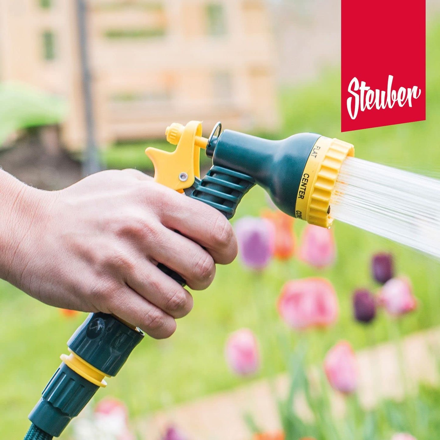 Steuber Flexibler Gartenschlauch Platinum GREEN mit 8 Sprühkopf-Funktionen, 8,3m, TÜV Süd Siegel, mit Innen- & Außenadapter