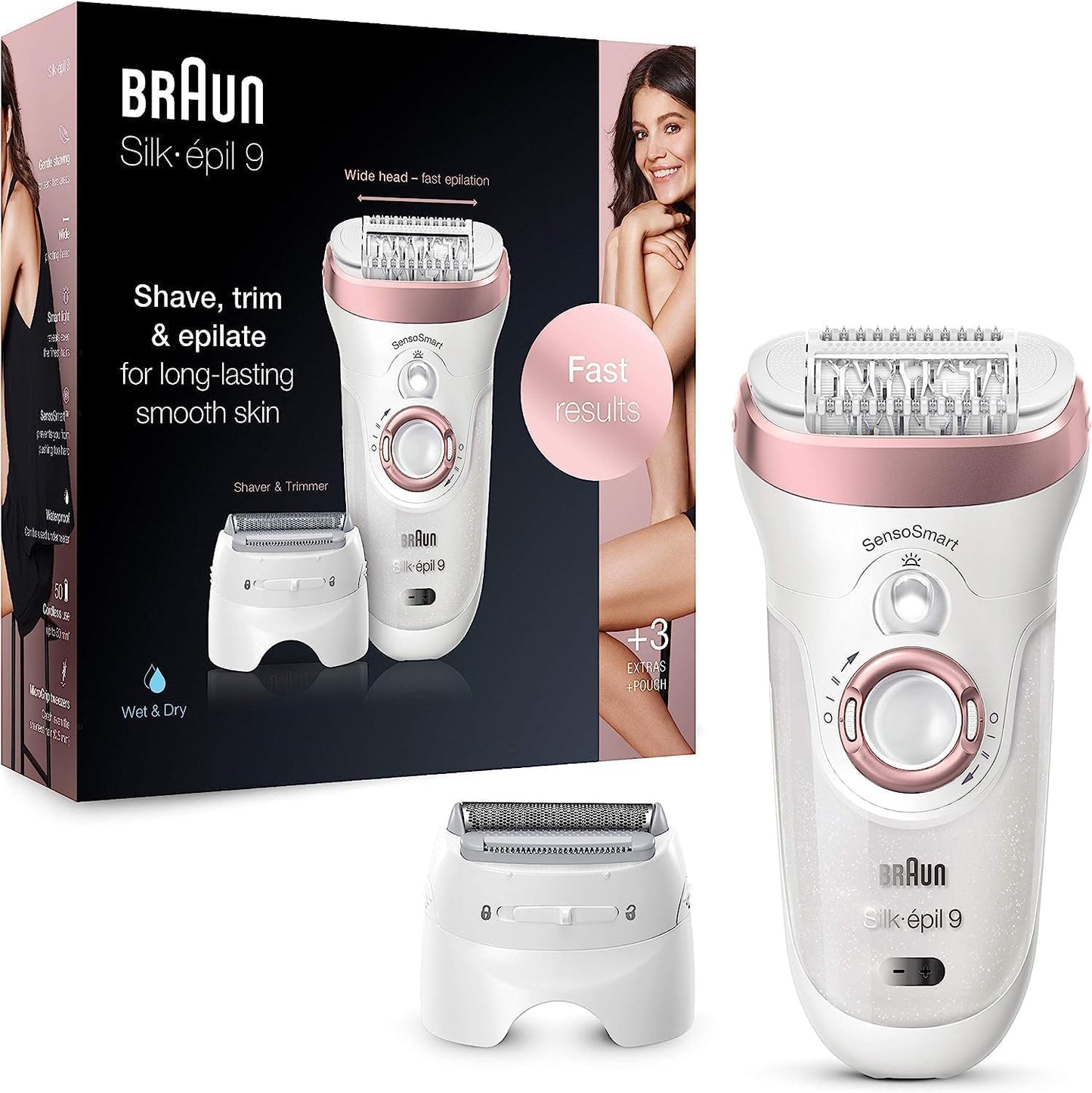 Braun Silk-épil 9 Beauty-Set, Epilierer Damen / Haarentferner, FaceSpa Gesichtshaarentferner, Aufsätze für Rasierer, Peeling, Reinigung Gesicht/Körper, Tasche, 9-995, weiß/flamingo