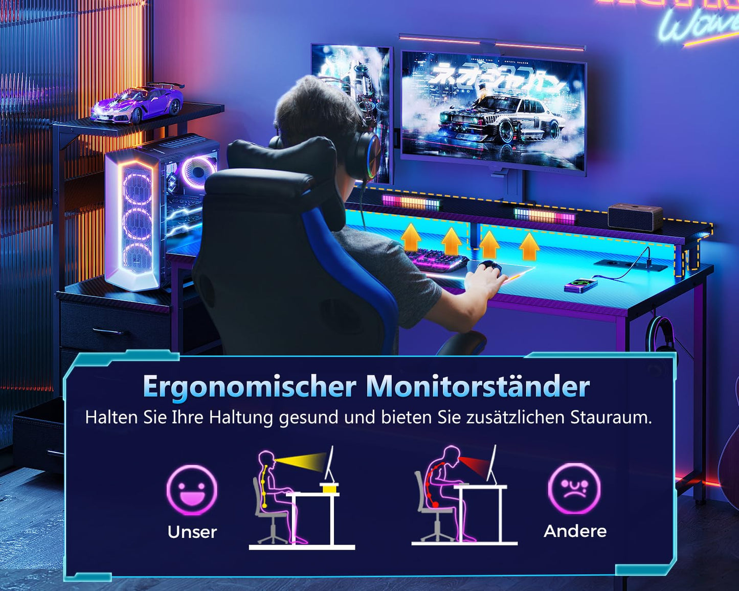 Coleshome Gaming Table with LED Lighting & Socket, Gaming Desk with Drawers, Computer Desk with Shelves & Monitor Stand, Carbon Fibre Black, 151 x 50 cm