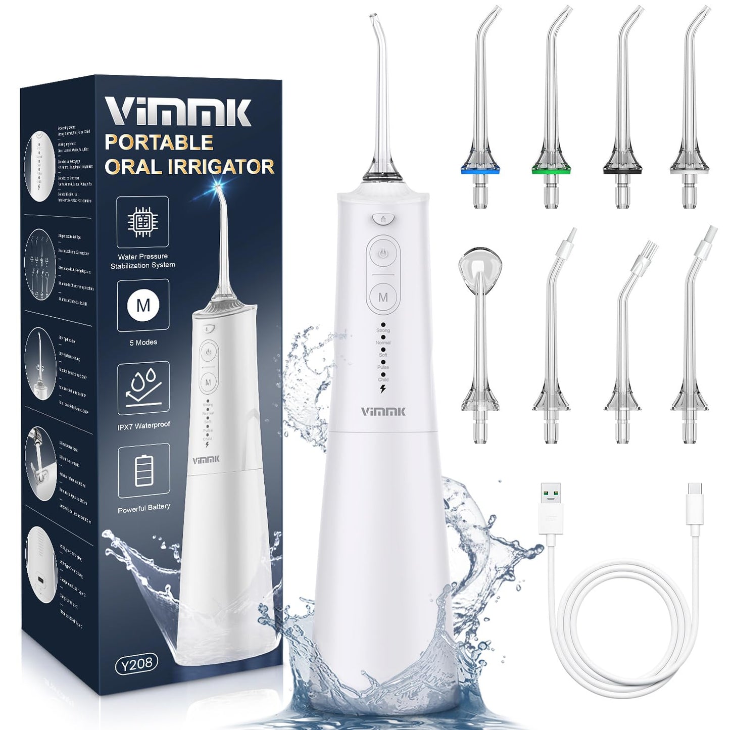 Munddusche Kabellos Elektrischer Zahnreiniger, Vimmk Zahndusche Water Flosser 5 Modi & 8 Düsen USB-C Wiederaufladbare Wasser Flosser IPX7 Wasserdicht, 300ML Wassertank Mund Reiniger(Schwarz)