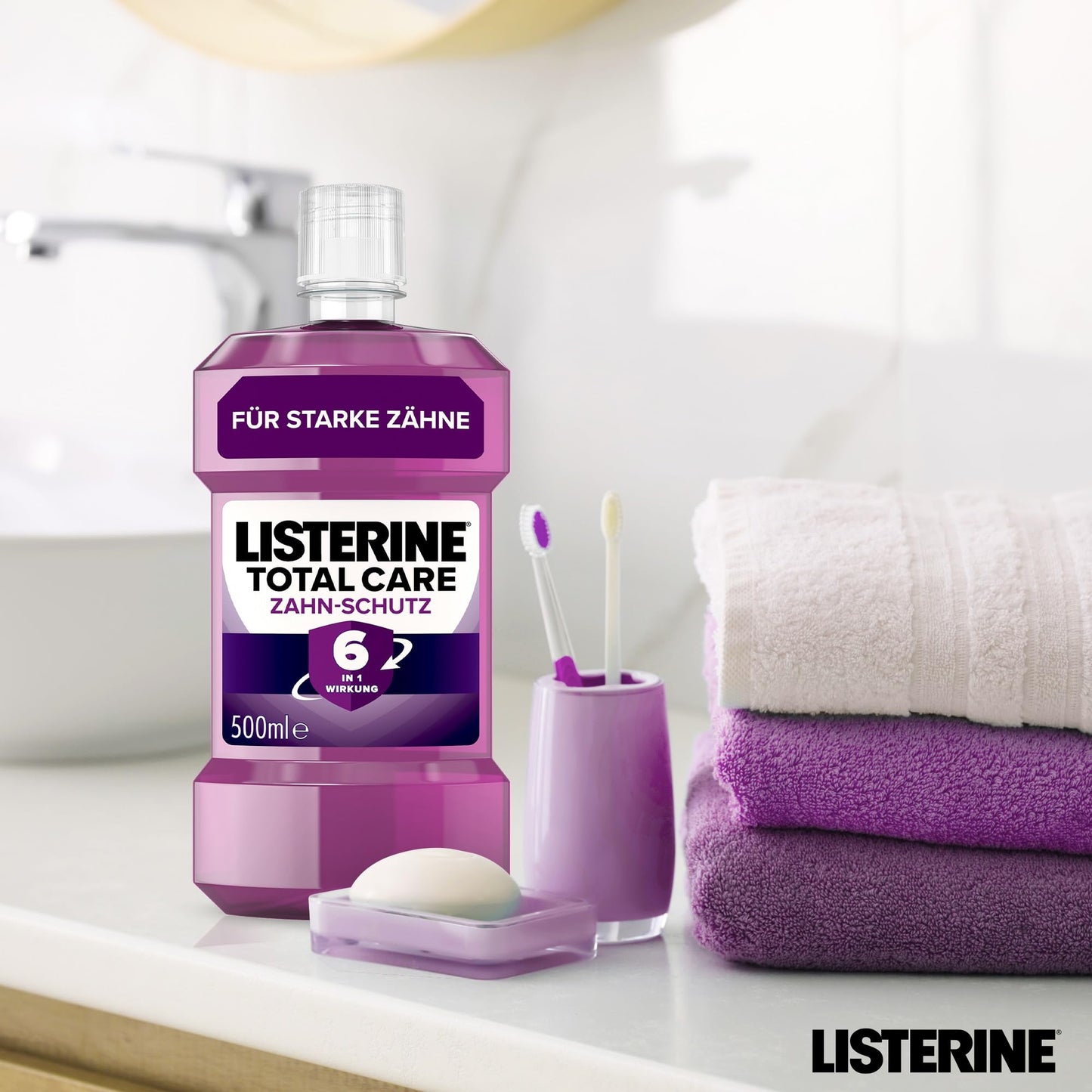 LISTERINE Total Care Zahn-Schutz (6 x 500 ml) - Testsieger Stiftung Warentest, 6 in 1 Wirkung, 24h frischer Atem, schützt gegen Karies & Zahnfleischprobleme, antibakterielles Mundwasser