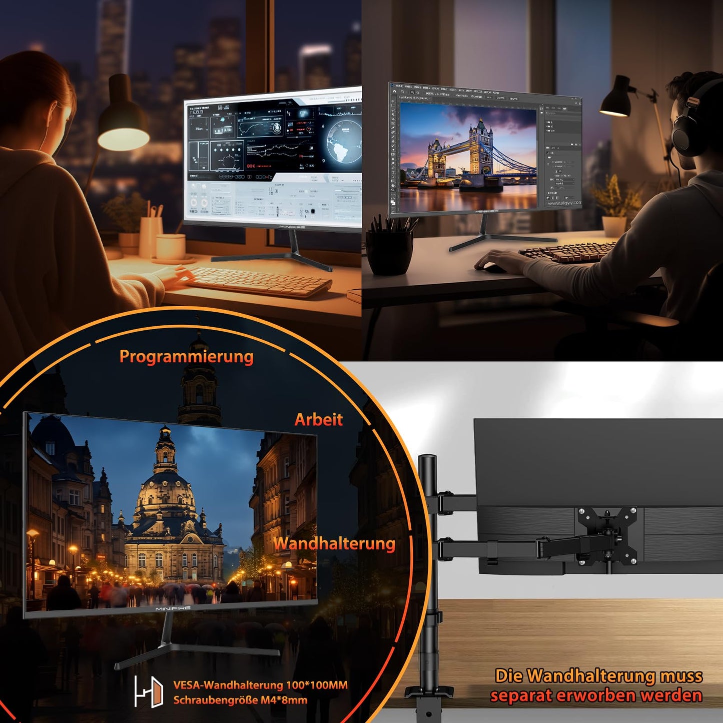 Minifire 24 Inch Monitor, 100 Hz, IPS, Full HD (1920 x 1080), AMD FreeSync, sRGB110%, Frameless Screen, Eye Care, HDMI Type-C, Adjustable Tilt, VESA (MF24X3A Type-C Cable Included)