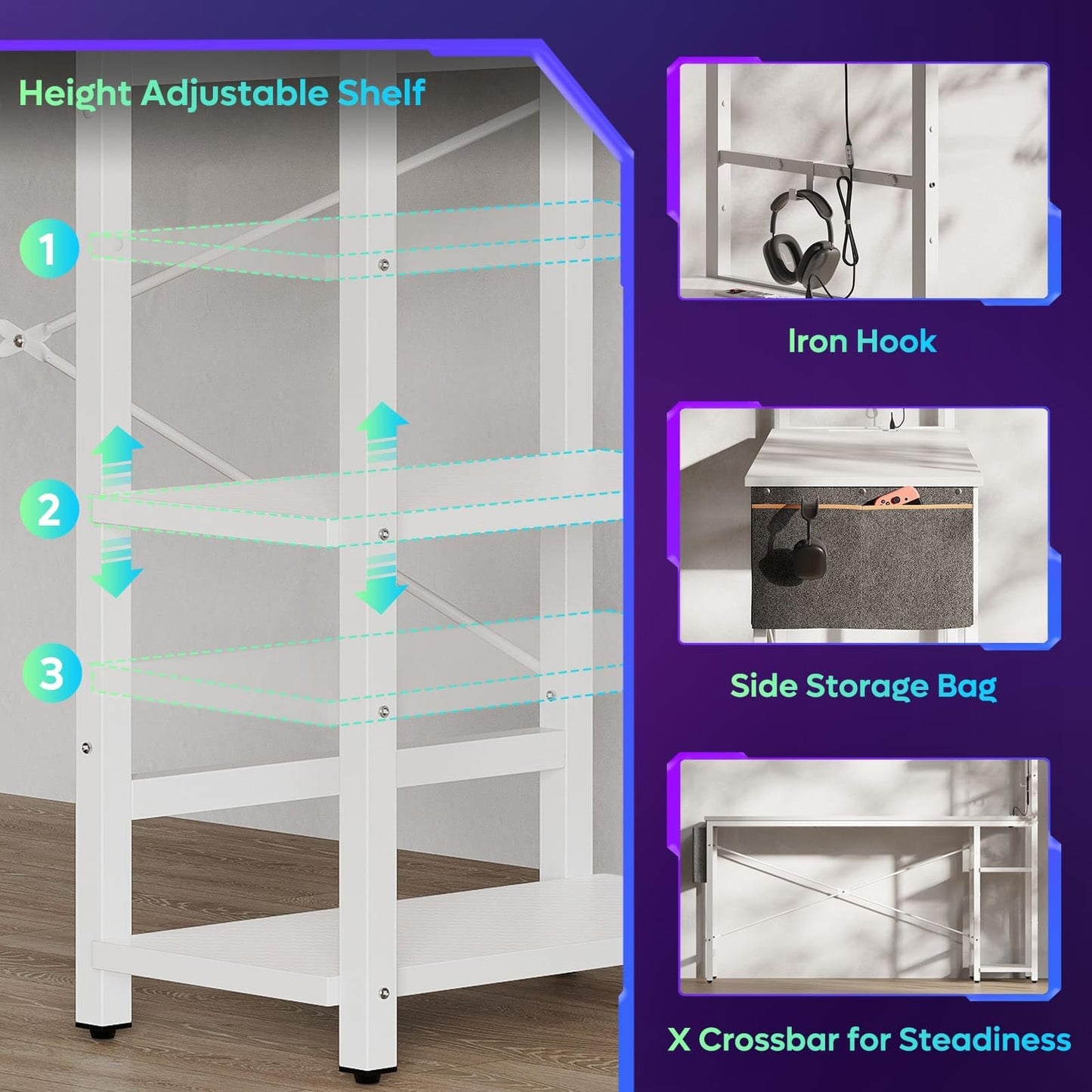 Bestier 113CM Eck-Computertisch mit Steckdosen Computertisch mit LED-Leuchten Umkehrbarer Schreibtisch mit Seitentasche Aufbewahrungstasche & Zubehöraufhänger für Home Office Small Space Weiß
