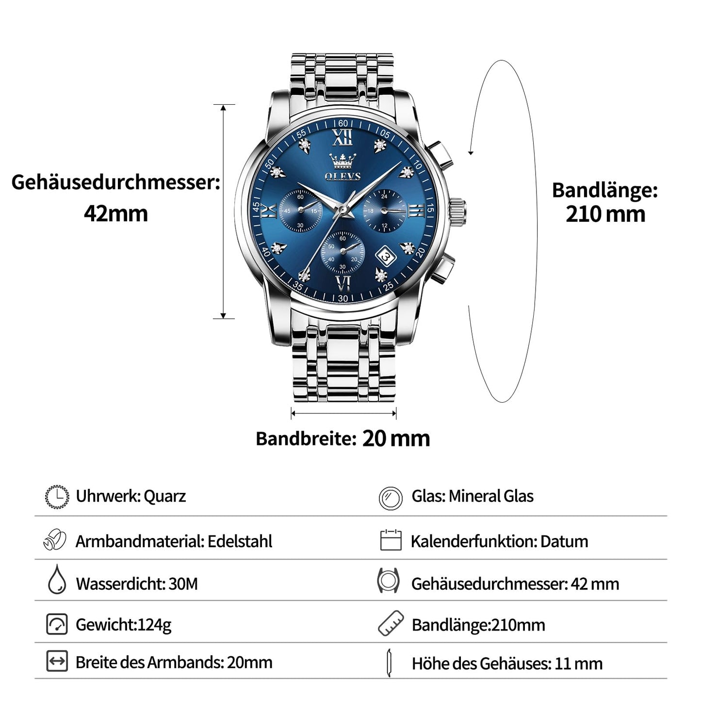OLEVS Uhren Herren, Edelstahl Analoger Quarzuhr, Multifunktionale Diamanten Herrenuhren, Klassisches Luxuskleid Herrenuhr