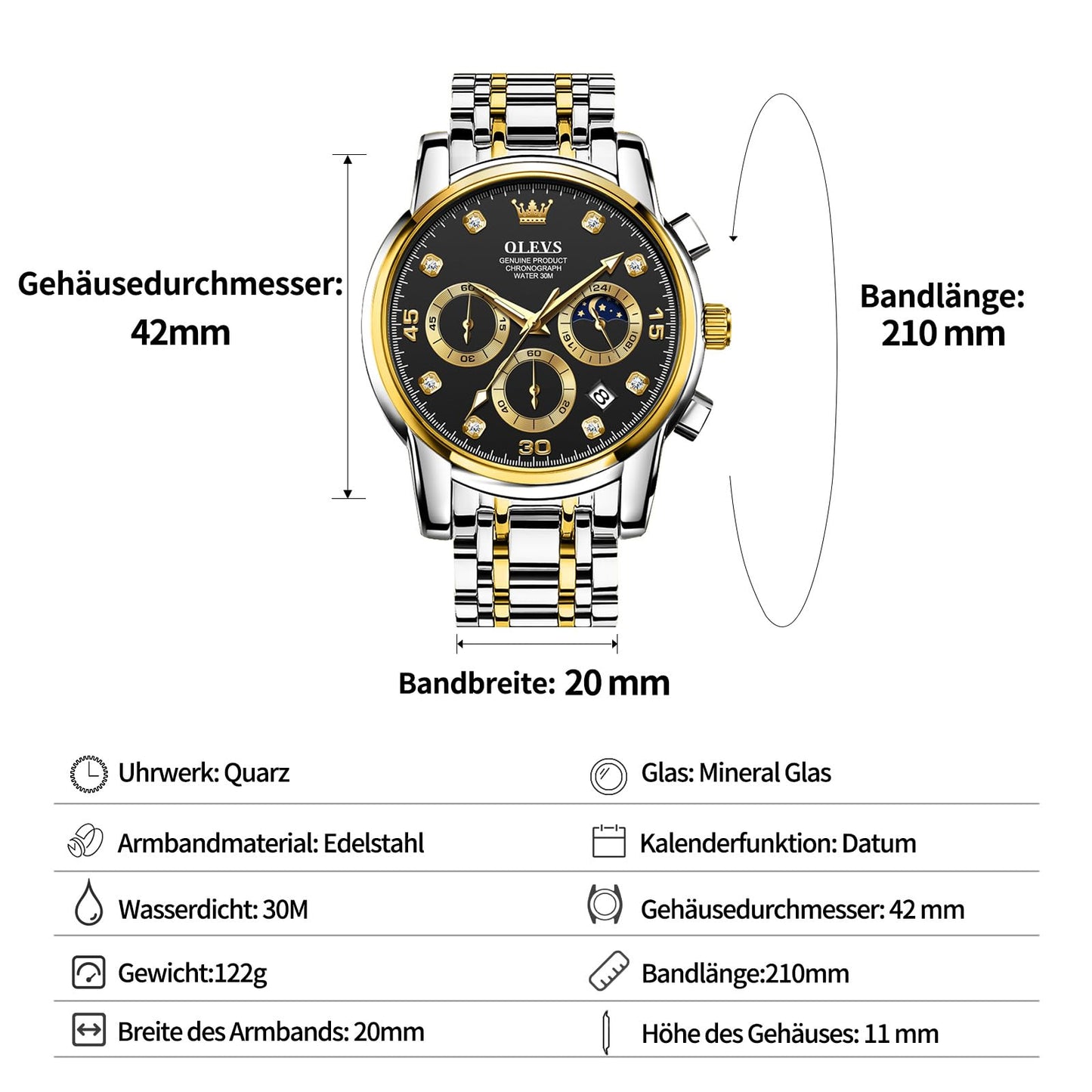 OLEVS Uhren Herren, Edelstahl Analoger Quarzuhr, Multifunktionale Diamanten Herrenuhren, Klassisches Luxuskleid Herrenuhr