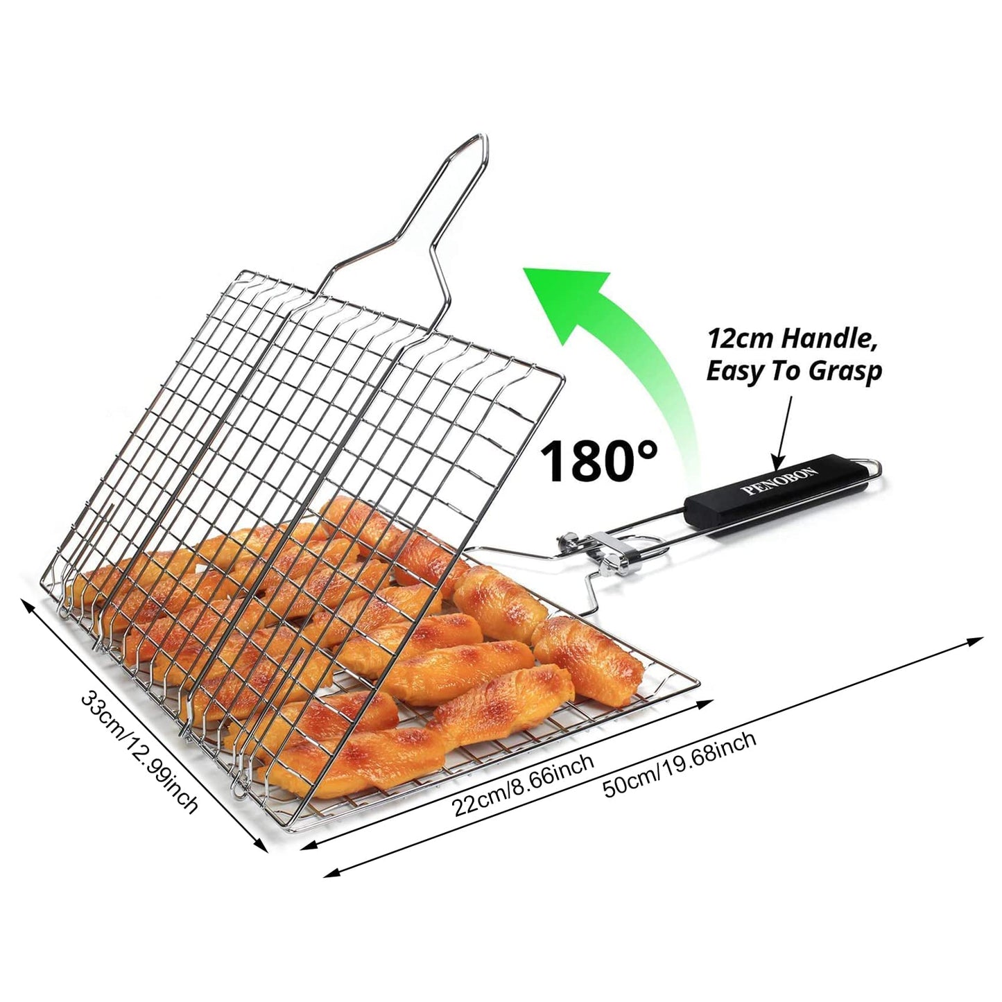 penobon Fisch-Grillkorb, faltbar, tragbarer Edelstahl-Grillkorb für Fischgemüse, Garnelen mit abnehmbarem Griff, mit Backpinsel und Aufbewahrungstasche (Tipo 1)
