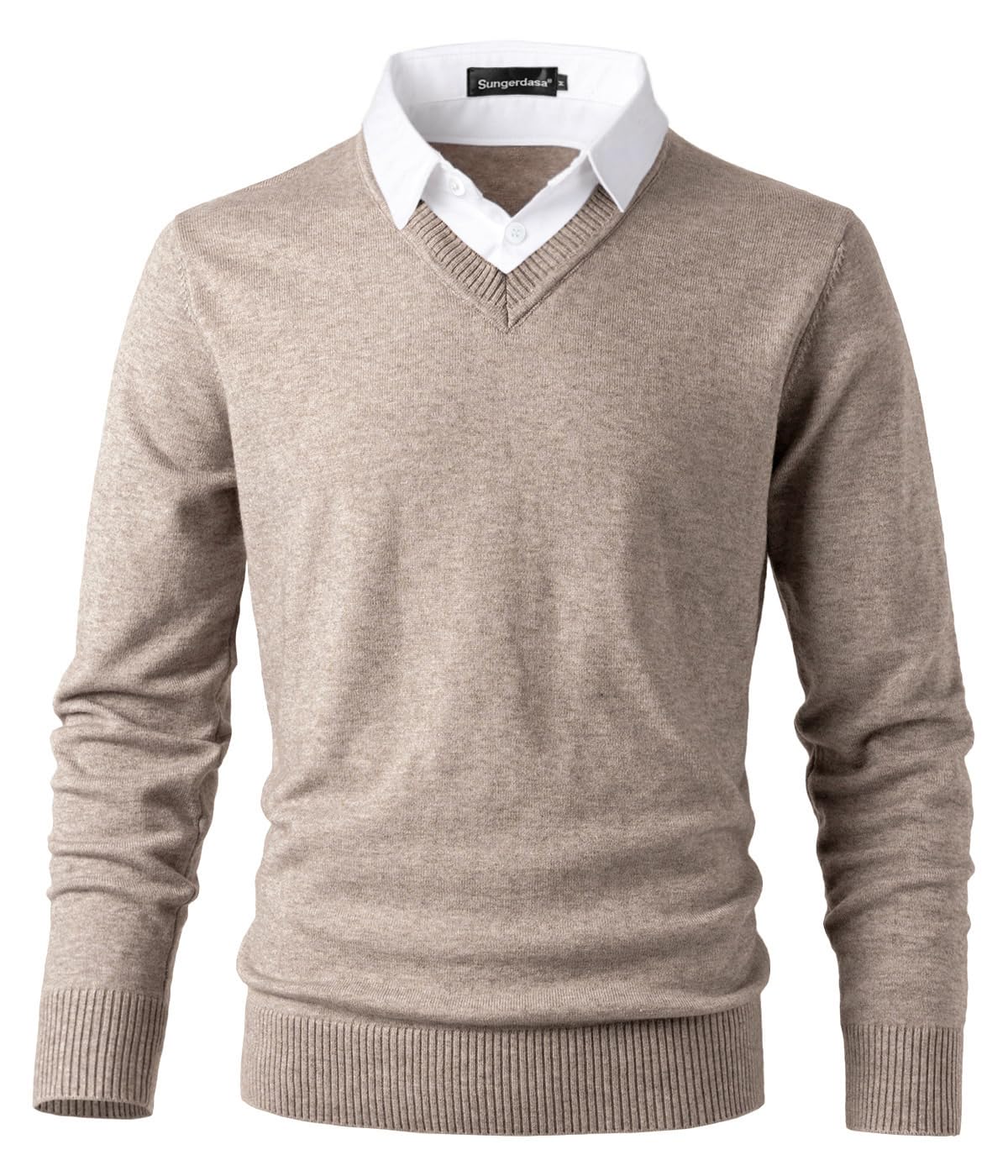 Sungerdasa Men’s 2-in-1 Mock Shirt Collar Sweater – Fine Knit Pullover