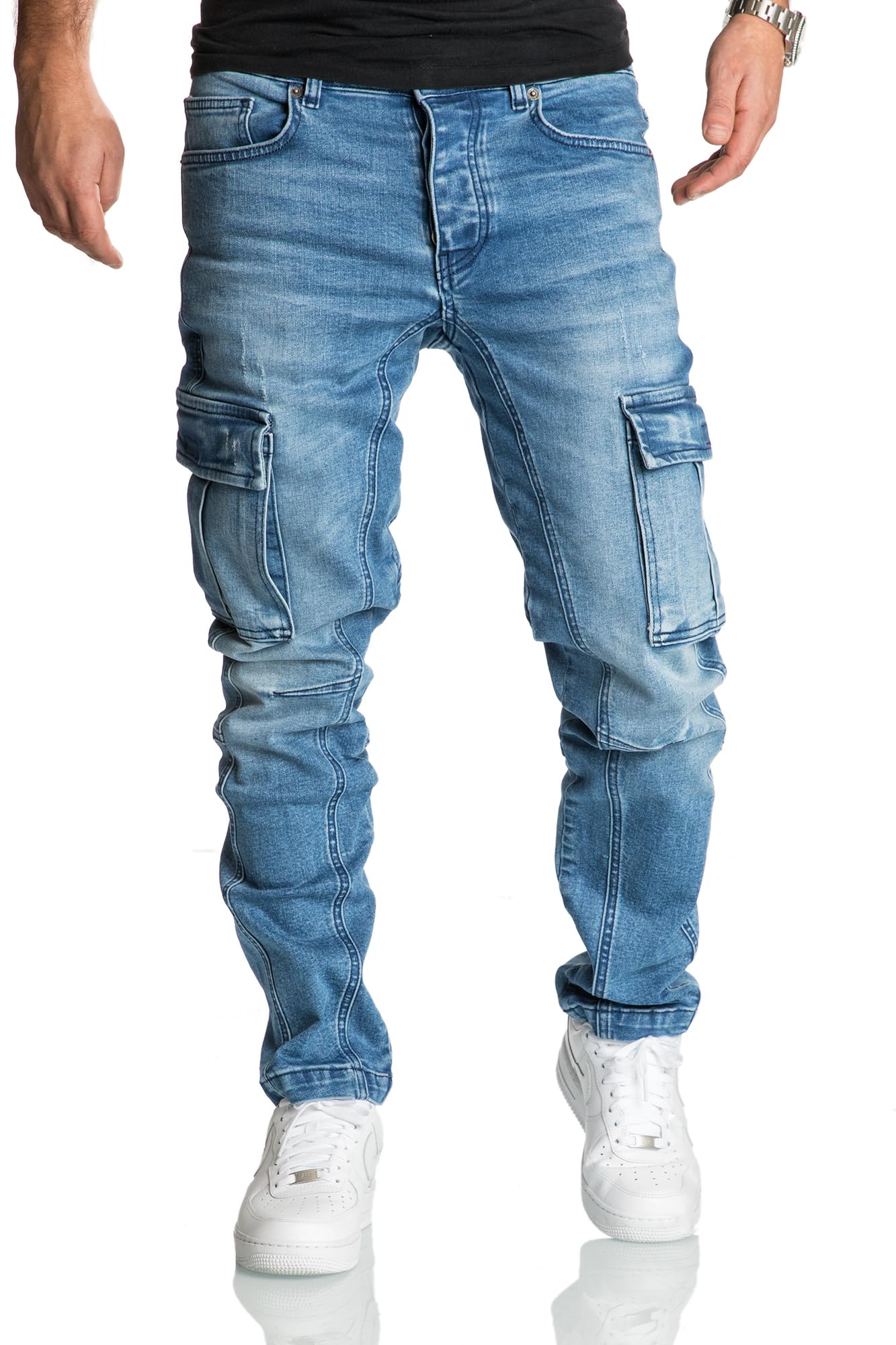Men’s Cargo Jeans R7977 – Regular Slim Fit Stretch Denim Pants
