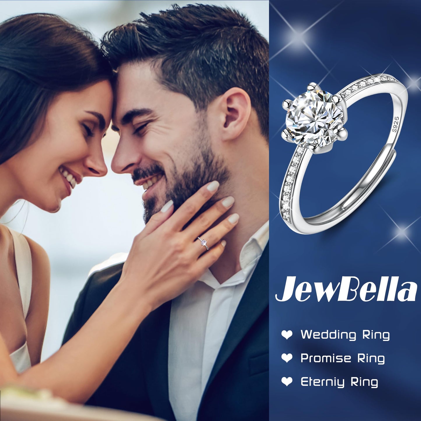 JeweBella 925 Sterling Silver Adjustable Ring for Women