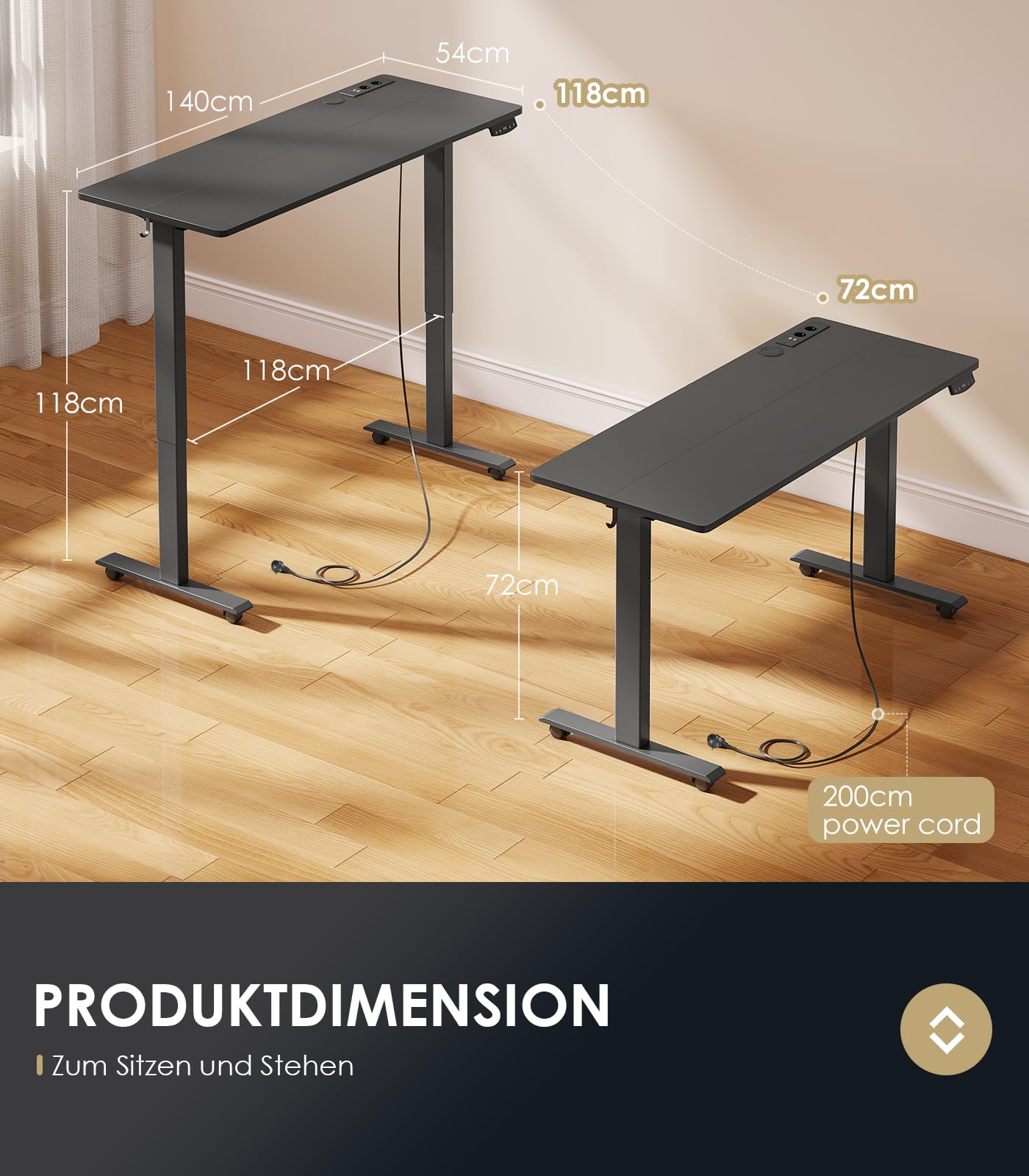 OffiGo Höhenverstellbarer Schreibtisch, 180cm, Elektrischer Schreibtisch mit USB, Schreibtisch Höhenverstellbar mit 2 Memory Funktion, Tisch Höhenverstellbar für Büro, Zuhause, Gaming, Schwarz